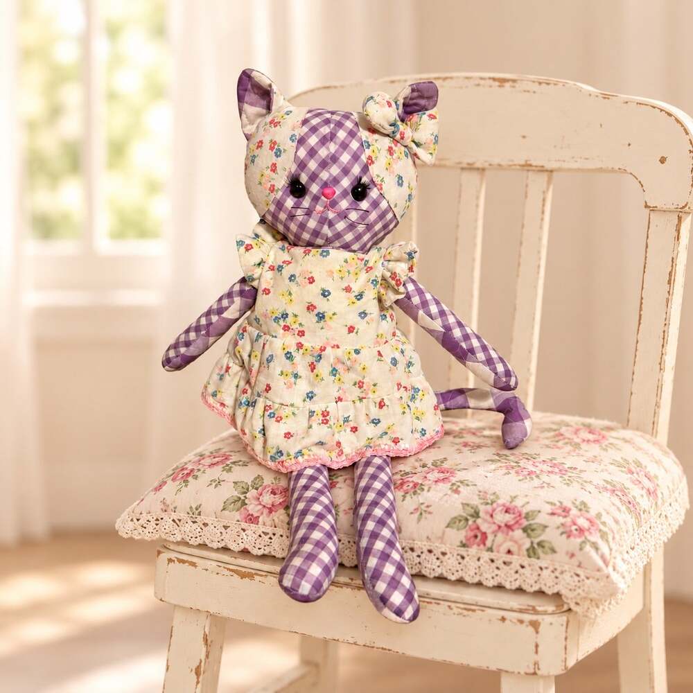 Vintage Handmade Cloth Cat Doll Purple Gingham Floral Dress 21" Cottagecore